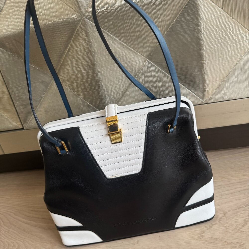 DOLCE & GABBANA Black White Handbag Leather Gold Accents Elegant Design